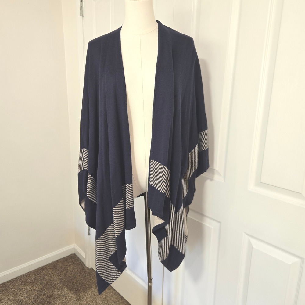 Cabi Stripe Wrap Poncho Cardigan Womens M/L Navy Blue Tan Open Front 3163